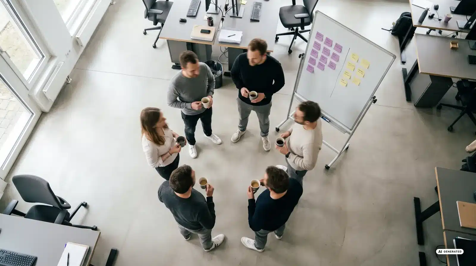 Sechs Personen stehen mit Kaffeetassen im Kreis in einem Büro neben einem Whiteboard mit Haftnotizen, gesehen aus der Vogelperspektive.