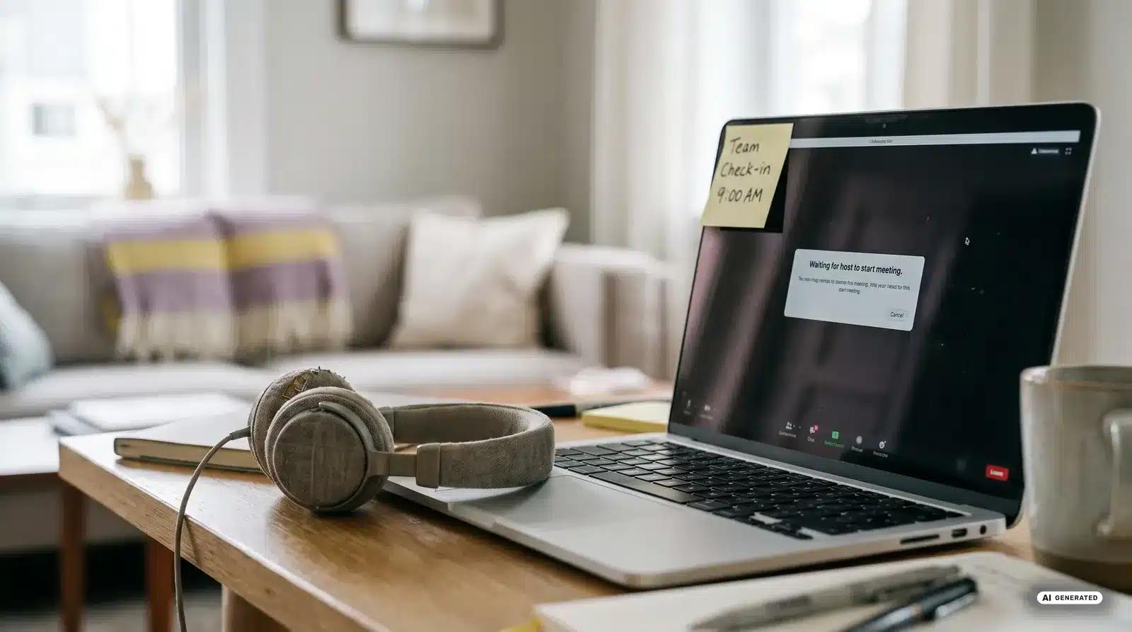 digitale-zusammenarbeit-homeoffice-kmu-1600 Laptop auf einem Wohnzimmertisch zeigt einen Wartebildschirm für ein Online-Meeting mit der Haftnotiz Team Check-in 9:00, daneben Kopfhörer und eine Tasse.