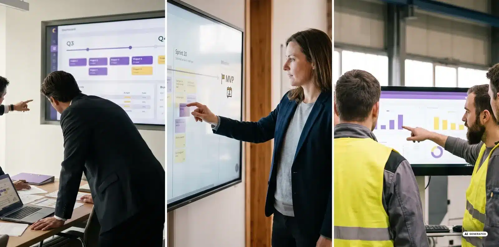 Dreigeteiltes Bild: links zwei Personen vor einer Quartalsplanung mit Projektbalken, in der Mitte eine Frau an einem digitalen Board mit Sprint-Spalten und einem Meilenstein, rechts drei Personen in Warnwesten vor einem Kennzahlen-Bildschirm in einer Werkhalle.