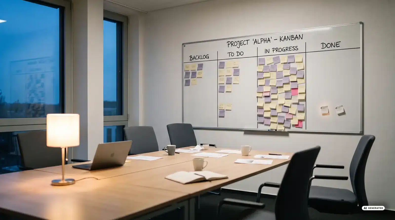 Leerer Besprechungsraum am Abend, an der Wand ein Kanban-Board mit den Spalten Backlog, To Do, In Progress und Done. Die Spalte In Progress ist mit Haftnotizen &uuml;berf&uuml;llt, die Spalte Done ist fast leer.