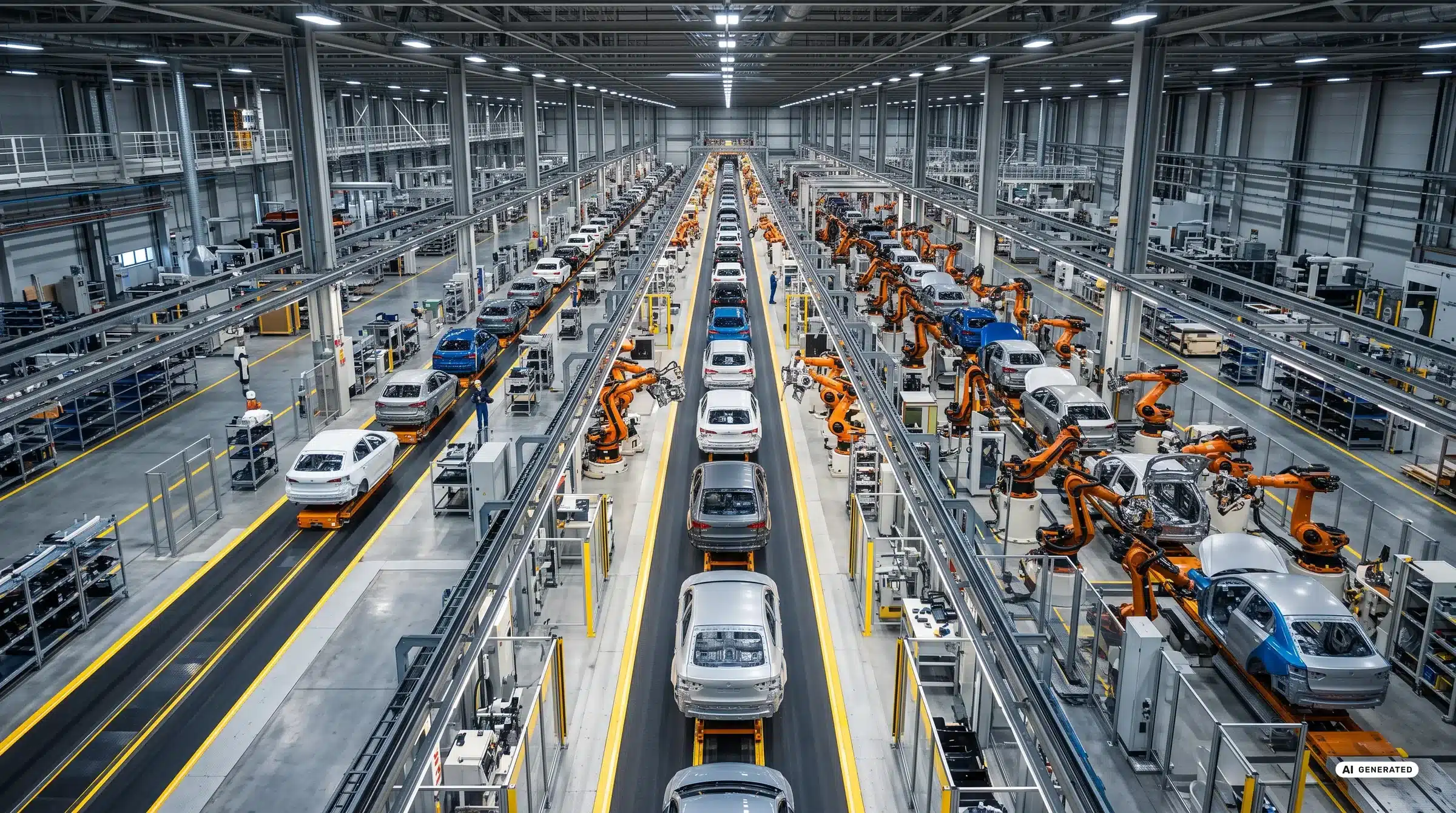 Blick in eine gro&szlig;e Fertigungshalle mit Montagelinie, Autokarosserien und orangefarbenen Industrierobotern in Reihe.