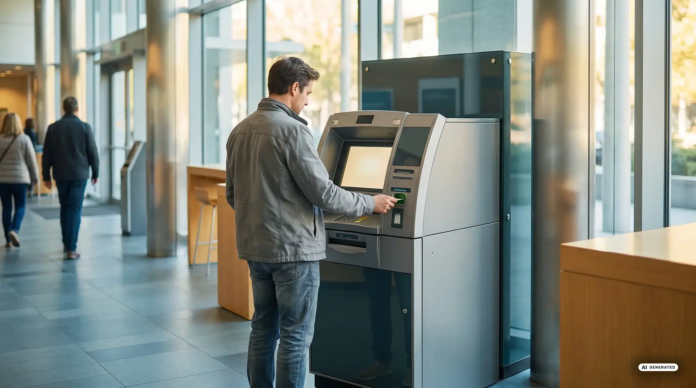Ein Mann bedient einen Geldautomaten im hellen Foyer einer Bankfiliale, im Hintergrund gehen zwei Personen vorbei.